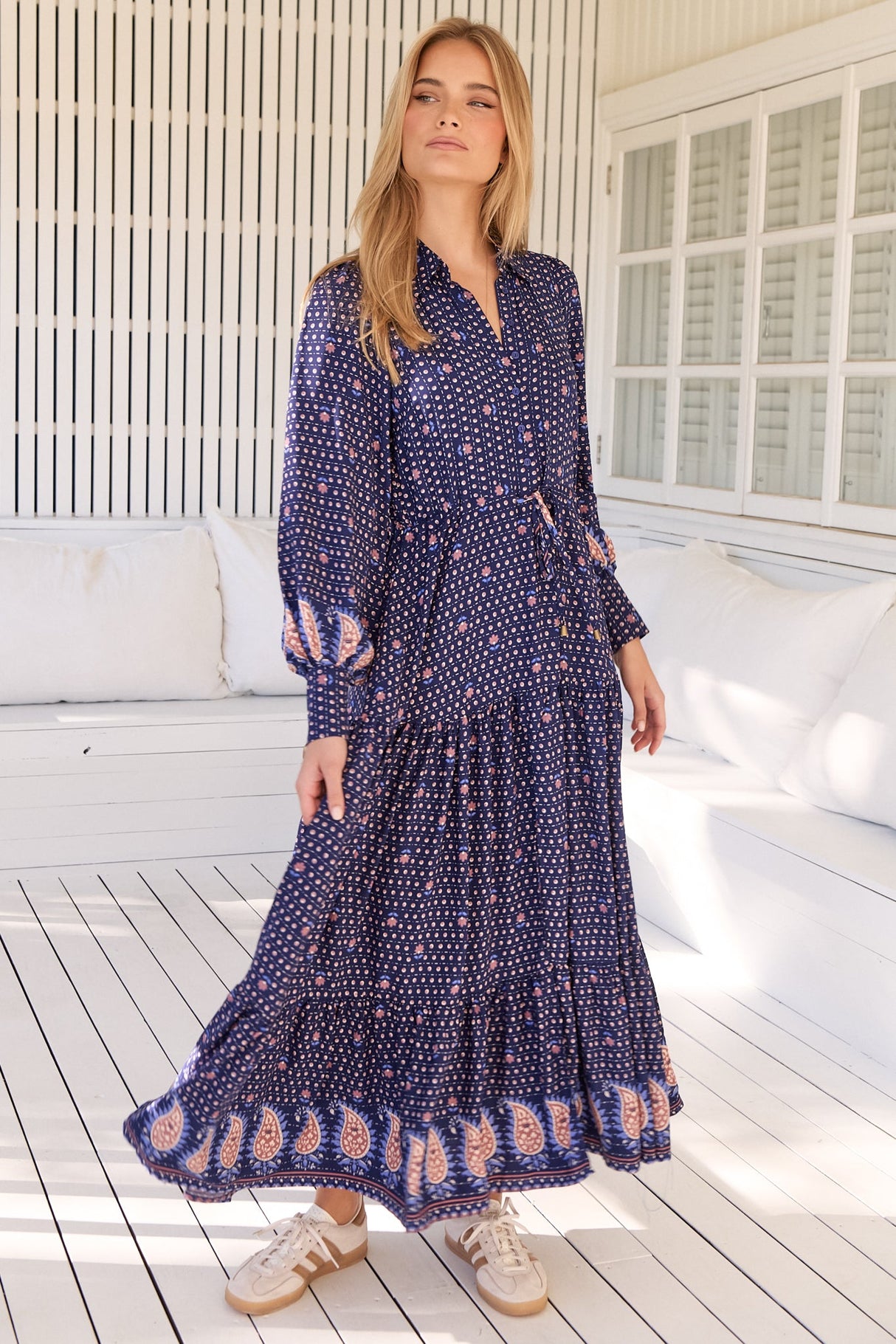 JAASE - Romee Maxi Dress: Tiered Dress with Pull Tie Waist in the Alaska Print