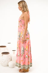 Romeo Maxi Dress - Smocked Bodice A Line Dress with Tie Shoulder Straps in Juliet Print