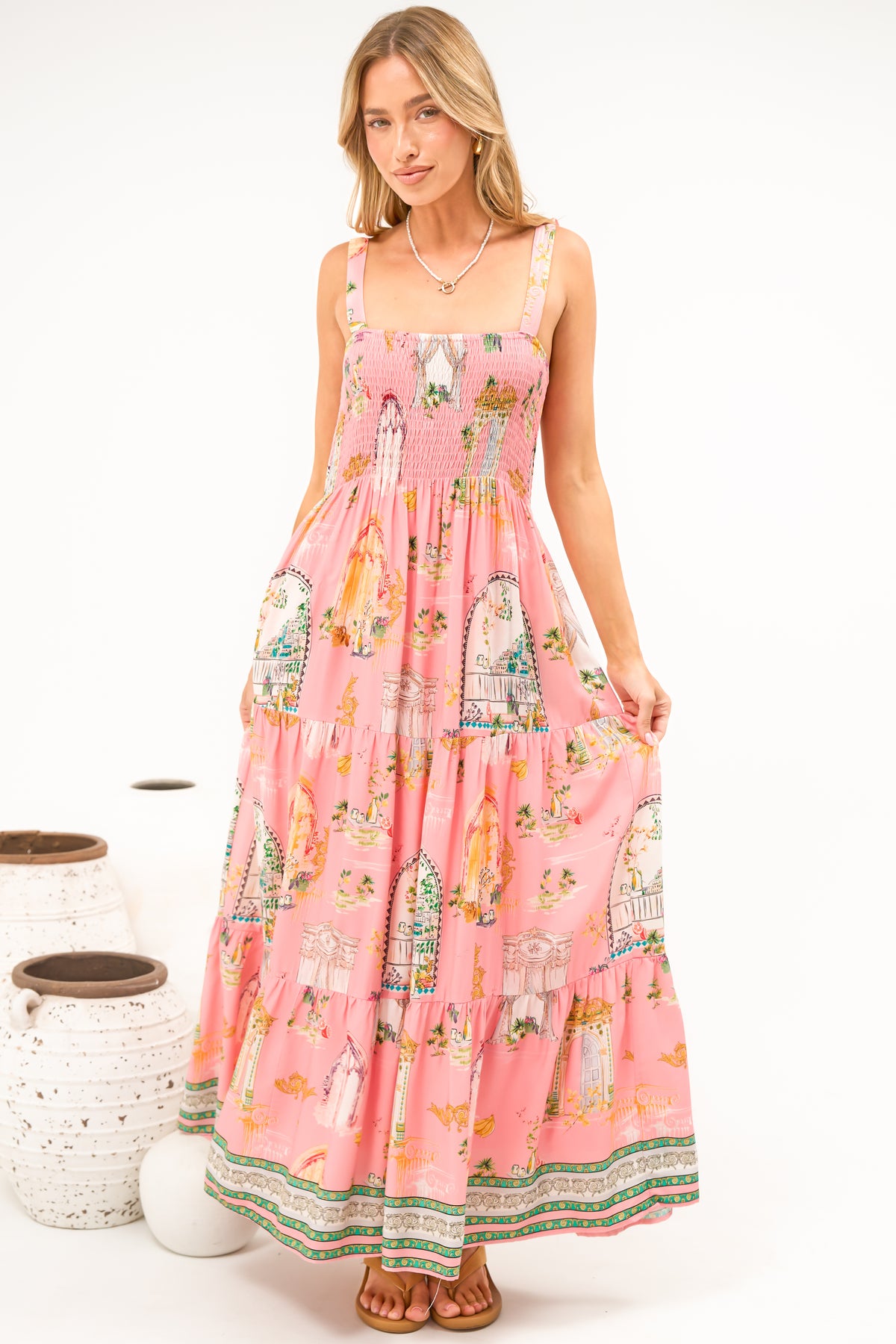 Romeo Maxi Dress - Smocked Bodice A Line Dress with Tie Shoulder Straps in Juliet Print