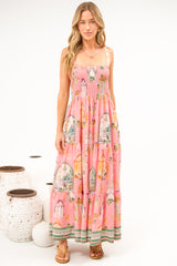 Romeo Maxi Dress - Smocked Bodice A Line Dress with Tie Shoulder Straps in Juliet Print