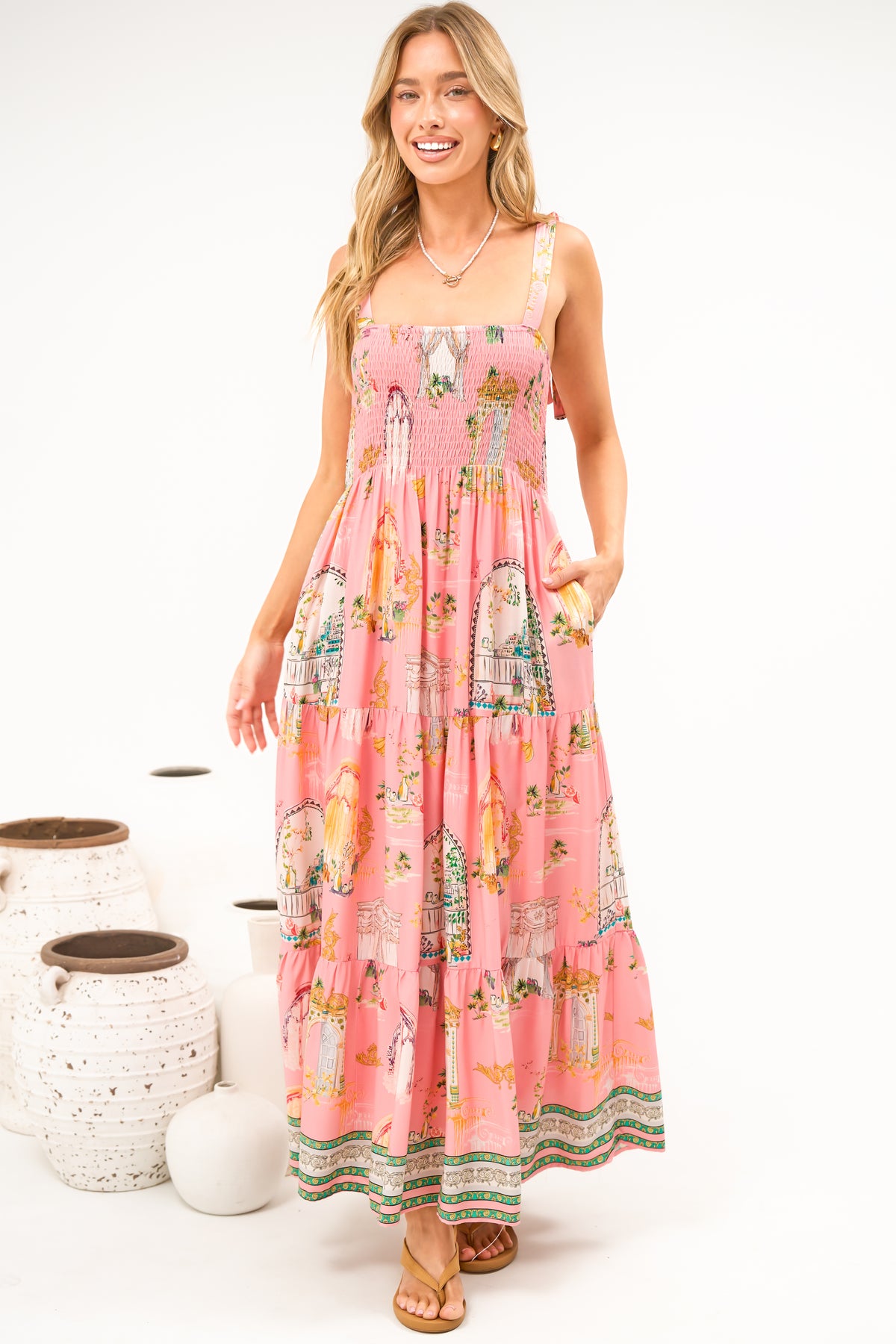 Romeo Maxi Dress - Smocked Bodice A Line Dress with Tie Shoulder Straps in Juliet Print