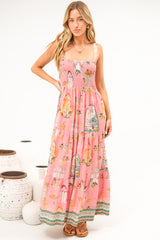 Romeo Maxi Dress - Smocked Bodice A Line Dress with Tie Shoulder Straps in Juliet Print