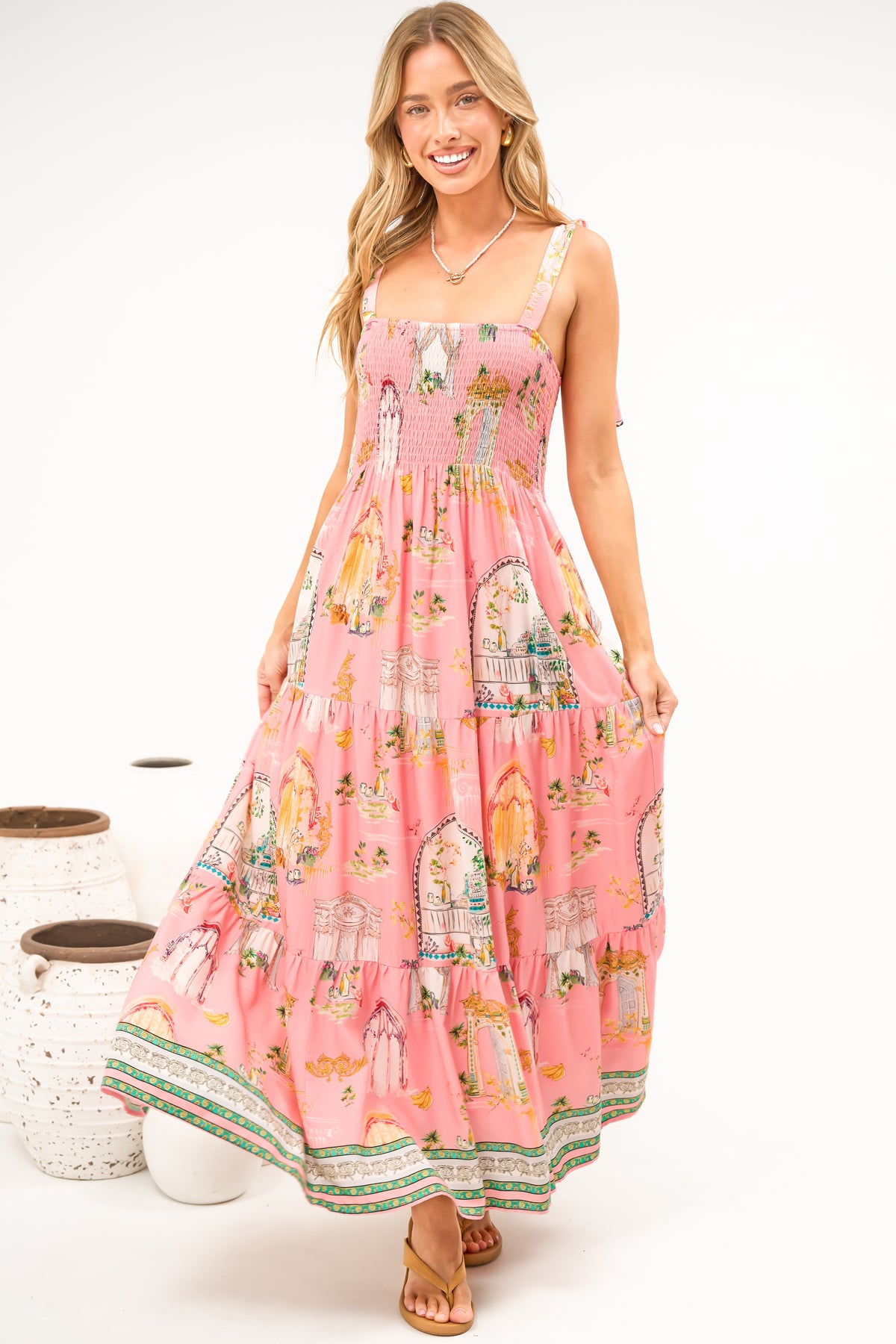Romeo Maxi Dress - Smocked Bodice A Line Dress with Tie Shoulder Straps in Juliet Print