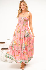 Romeo Maxi Dress - Smocked Bodice A Line Dress with Tie Shoulder Straps in Juliet Print