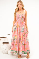 Romeo Maxi Dress - Smocked Bodice A Line Dress with Tie Shoulder Straps in Juliet Print