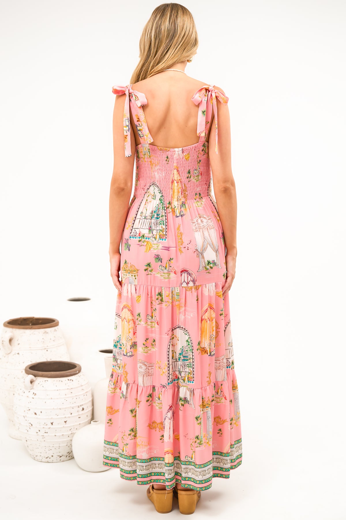 Romeo Maxi Dress - Smocked Bodice A Line Dress with Tie Shoulder Straps in Juliet Print