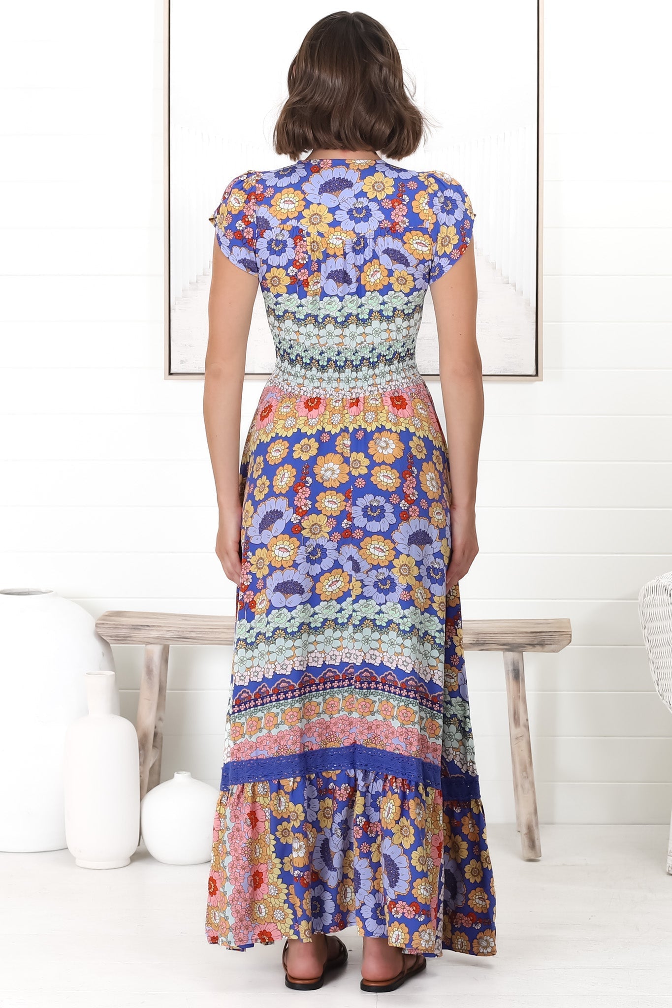 JAASE - Romi Maxi Dress: Button Down Cap Sleeve Dress with Waist Tie in Eden Print