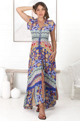 JAASE - Romi Maxi Dress: Button Down Cap Sleeve Dress with Waist Tie in Eden Print