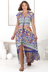 JAASE - Romi Maxi Dress: Button Down Cap Sleeve Dress with Waist Tie in Eden Print