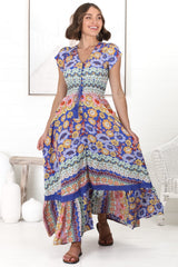 JAASE - Romi Maxi Dress: Button Down Cap Sleeve Dress with Waist Tie in Eden Print