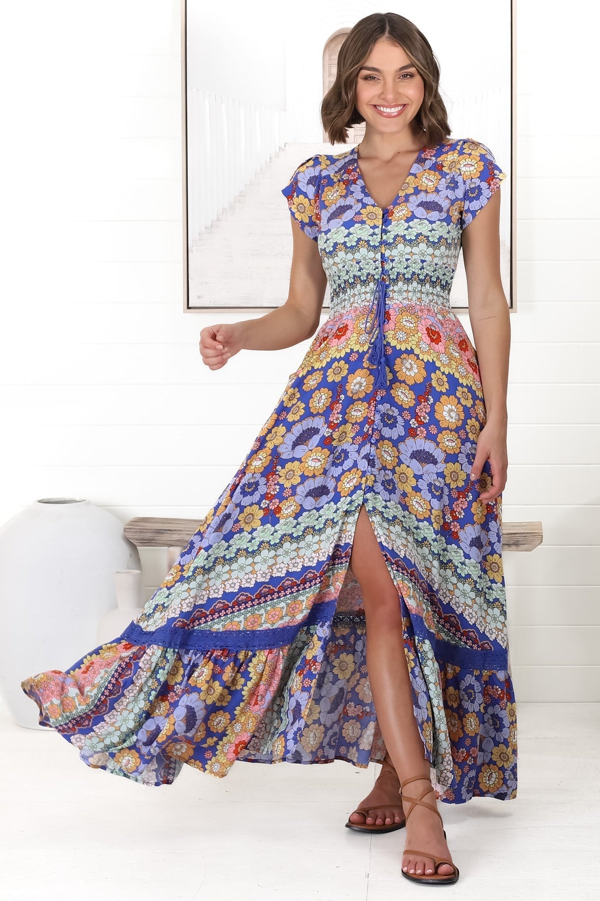 JAASE - Romi Maxi Dress: Button Down Cap Sleeve Dress with Waist Tie in Eden Print