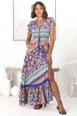 JAASE - Romi Maxi Dress: Button Down Cap Sleeve Dress with Waist Tie in Eden Print