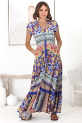 JAASE - Romi Maxi Dress: Button Down Cap Sleeve Dress with Waist Tie in Eden Print