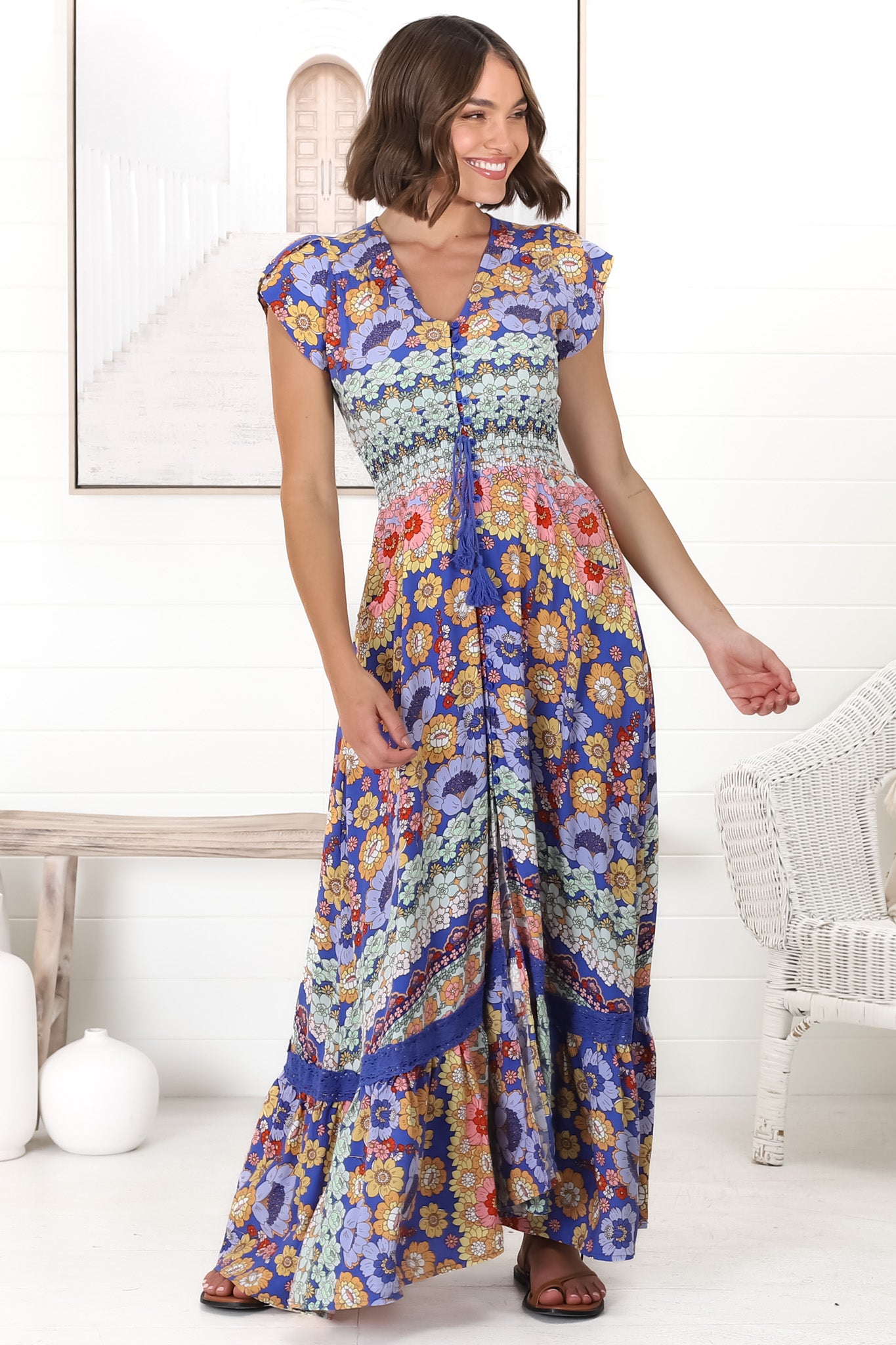 JAASE - Romi Maxi Dress: Button Down Cap Sleeve Dress with Waist Tie in Eden Print