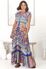 JAASE - Romi Maxi Dress: Button Down Cap Sleeve Dress with Waist Tie in Eden Print