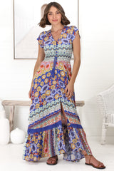 JAASE - Romi Maxi Dress: Button Down Cap Sleeve Dress with Waist Tie in Eden Print