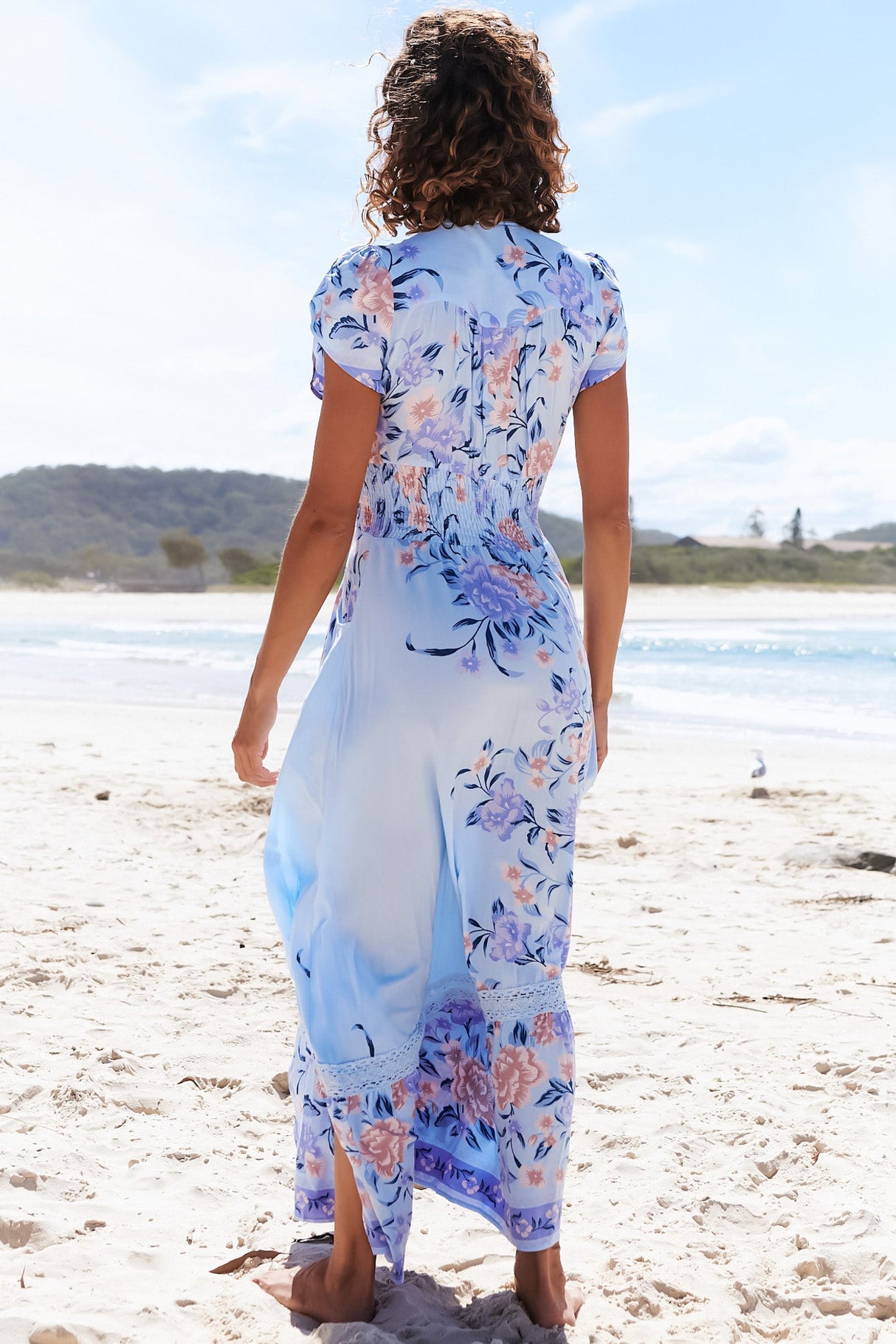 JAASE - Romi Maxi Dress: V Neck Cap Sleeve A-Line Button Through Dress in Heaven Print