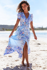 JAASE - Romi Maxi Dress: V Neck Cap Sleeve A-Line Button Through Dress in Heaven Print