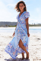 JAASE - Romi Maxi Dress: V Neck Cap Sleeve A-Line Button Through Dress in Heaven Print