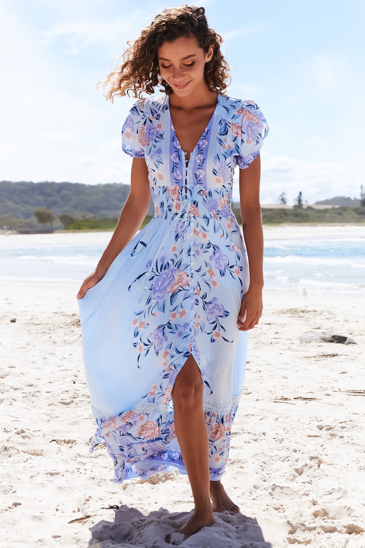 JAASE - Romi Maxi Dress: V Neck Cap Sleeve A-Line Button Through Dress in Heaven Print