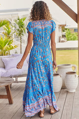 JAASE - Romi Maxi Dress: Button Down Cap Sleeve Dress with Waist Tie in Josianne Print