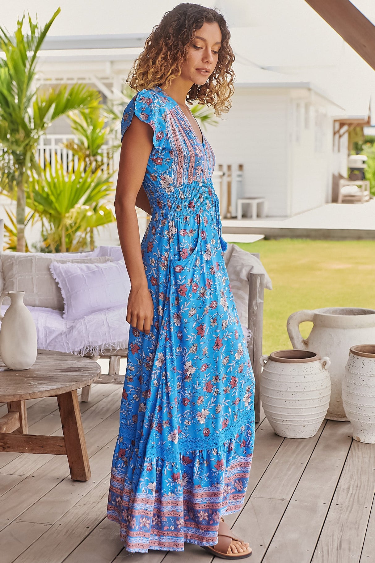 JAASE - Romi Maxi Dress: Button Down Cap Sleeve Dress with Waist Tie in Josianne Print