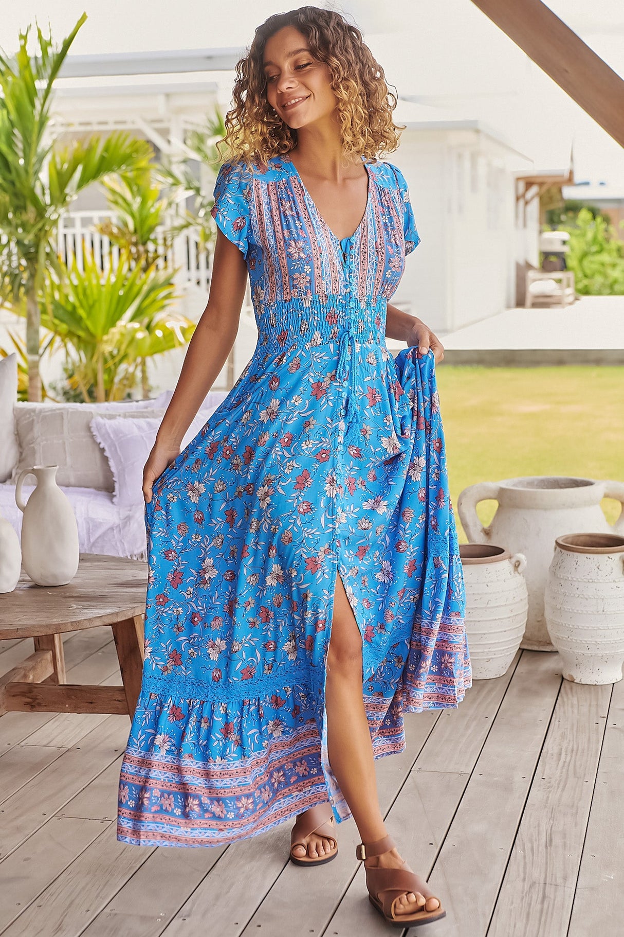 JAASE - Romi Maxi Dress: Button Down Cap Sleeve Dress with Waist Tie in Josianne Print