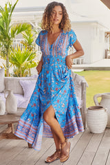 JAASE - Romi Maxi Dress: Button Down Cap Sleeve Dress with Waist Tie in Josianne Print