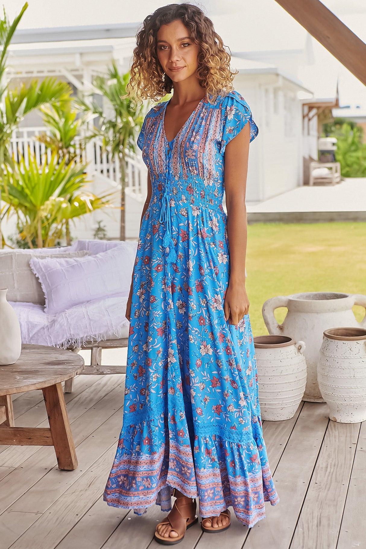 JAASE - Romi Maxi Dress: Button Down Cap Sleeve Dress with Waist Tie in Josianne Print