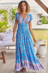 JAASE - Romi Maxi Dress: Button Down Cap Sleeve Dress with Waist Tie in Josianne Print