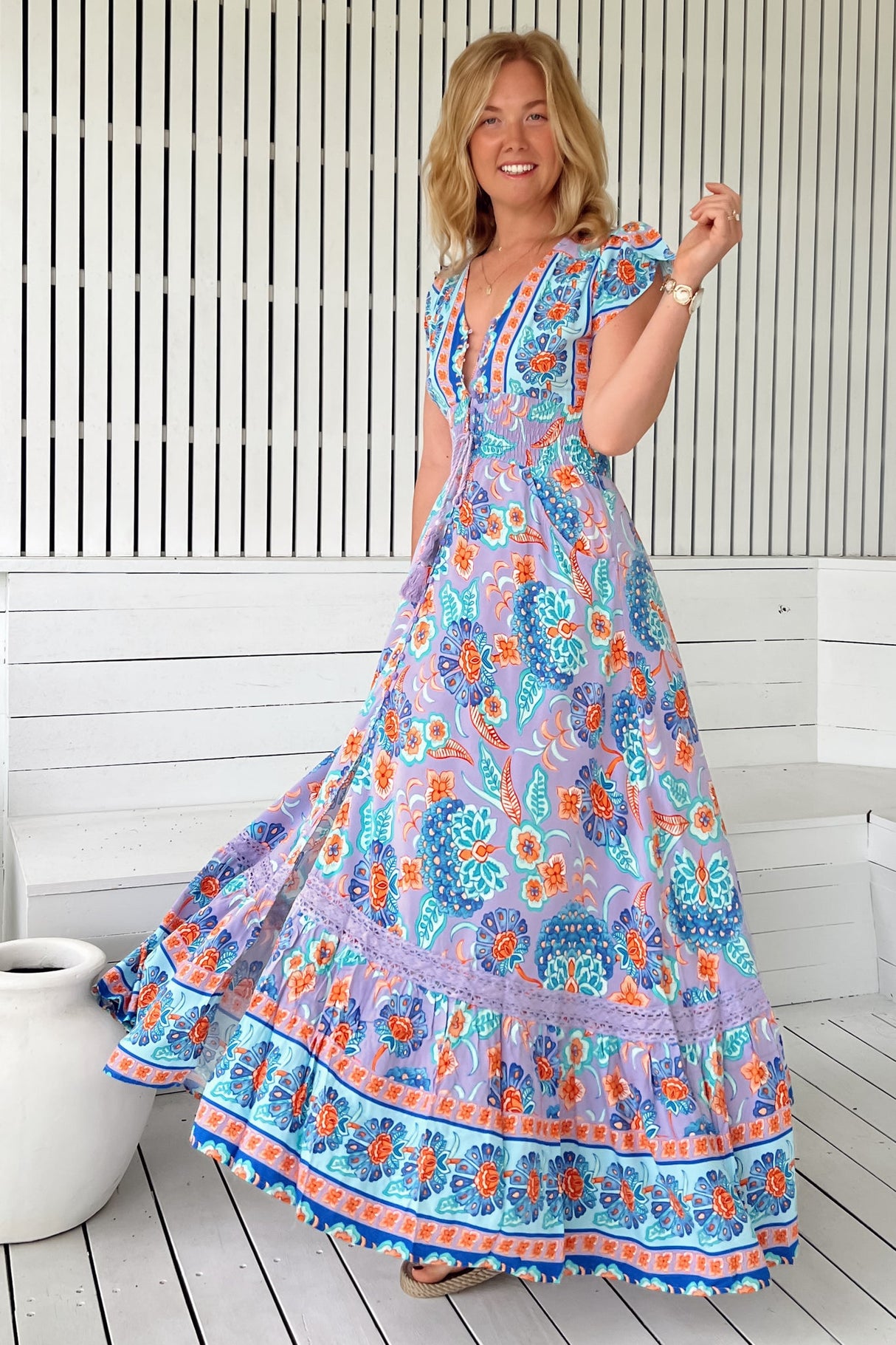 JAASE - Romi Maxi Dress: Button Down Cap Sleeve Dress with Waist Tie in Daydreamer Print