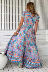 JAASE - Romi Maxi Dress: Button Down Cap Sleeve Dress with Waist Tie in Daydreamer Print