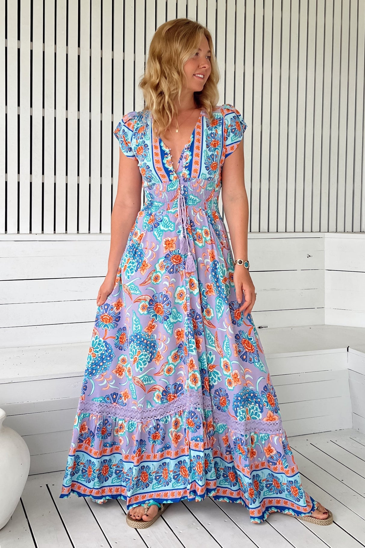 JAASE - Romi Maxi Dress: Button Down Cap Sleeve Dress with Waist Tie in Daydreamer Print