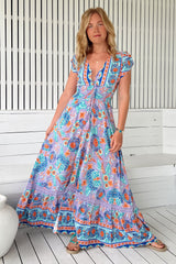 JAASE - Romi Maxi Dress: Button Down Cap Sleeve Dress with Waist Tie in Daydreamer Print