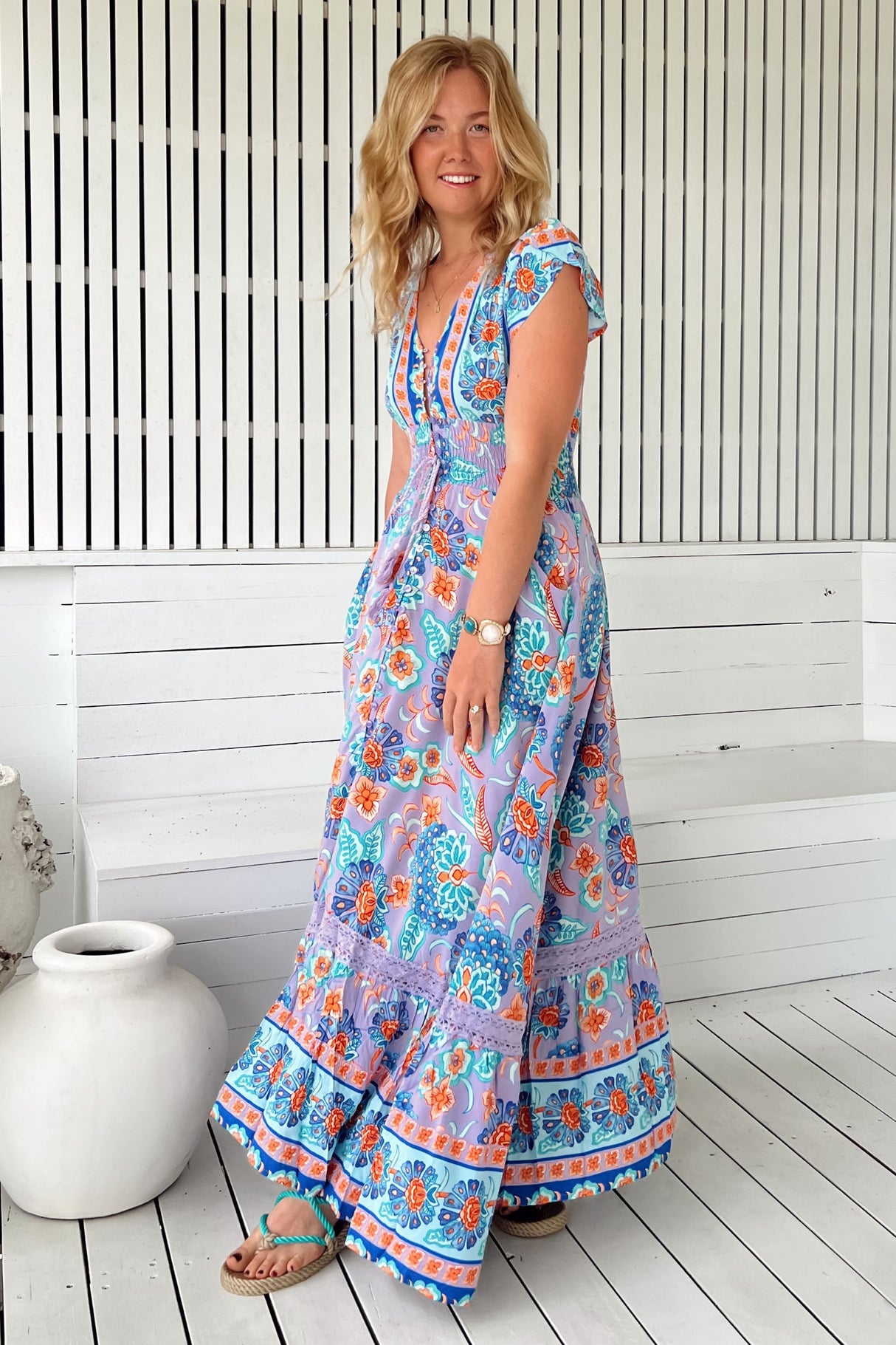 JAASE - Romi Maxi Dress: Button Down Cap Sleeve Dress with Waist Tie in Daydreamer Print