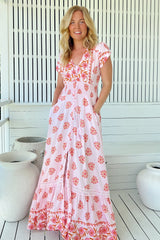 JAASE - Romi Maxi Dress: Button Down Cap Sleeve Dress with Waist Tie in Desert Wildflowers Print