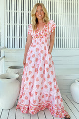 JAASE - Romi Maxi Dress: Button Down Cap Sleeve Dress with Waist Tie in Desert Wildflowers Print