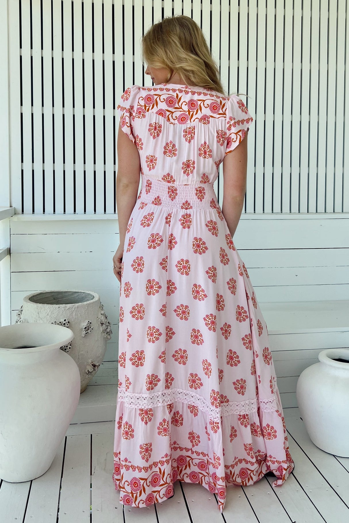 JAASE - Romi Maxi Dress: Button Down Cap Sleeve Dress with Waist Tie in Desert Wildflowers Print