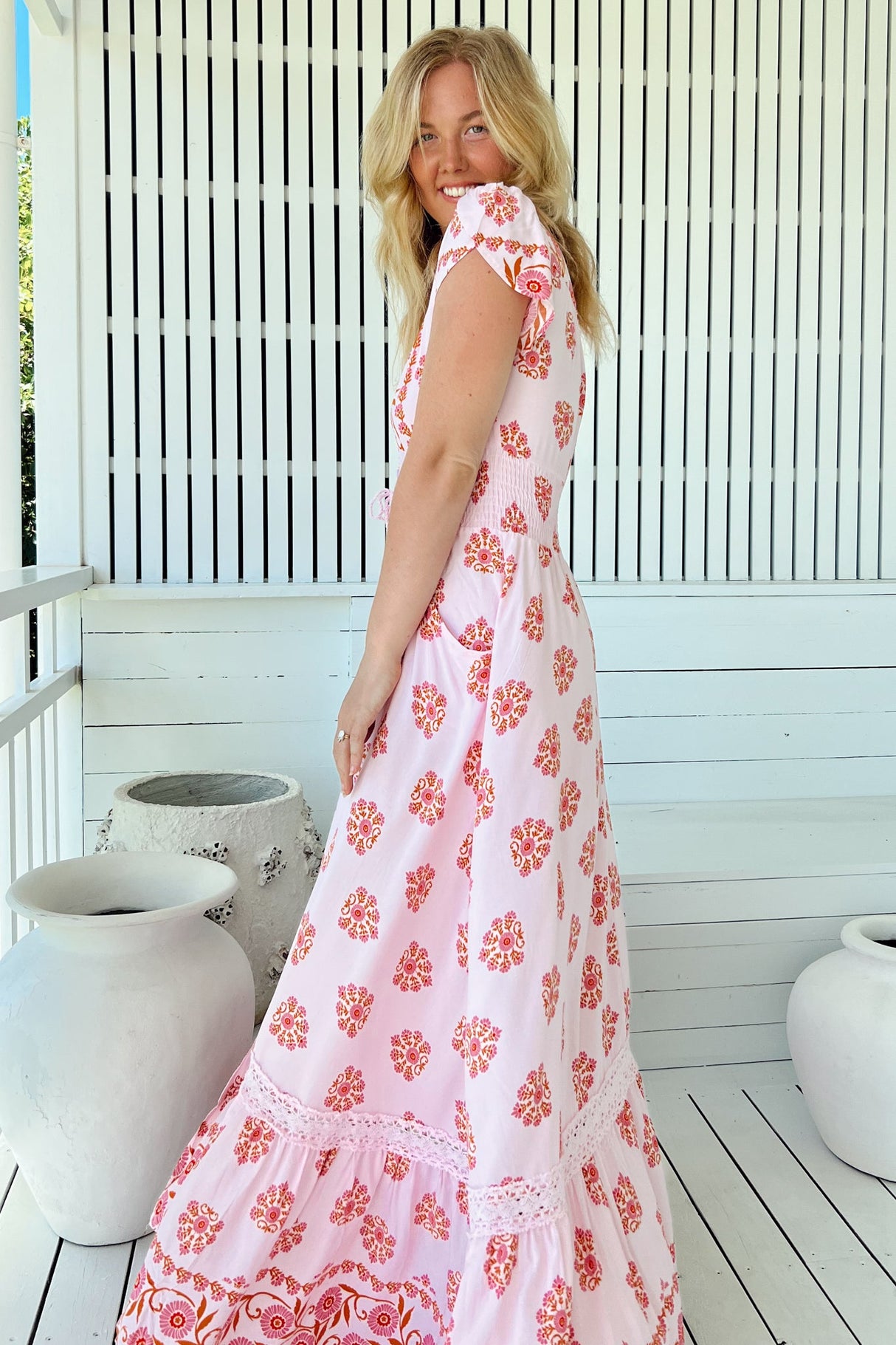 JAASE - Romi Maxi Dress: Button Down Cap Sleeve Dress with Waist Tie in Desert Wildflowers Print