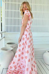 JAASE - Romi Maxi Dress: Button Down Cap Sleeve Dress with Waist Tie in Desert Wildflowers Print