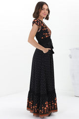 JAASE - Romi Maxi Dress: Button Down Cap Sleeve Dress with Waist Tie in Emmery Print