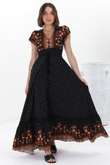 JAASE - Romi Maxi Dress: Button Down Cap Sleeve Dress with Waist Tie in Emmery Print