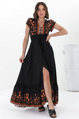 JAASE - Romi Maxi Dress: Button Down Cap Sleeve Dress with Waist Tie in Emmery Print