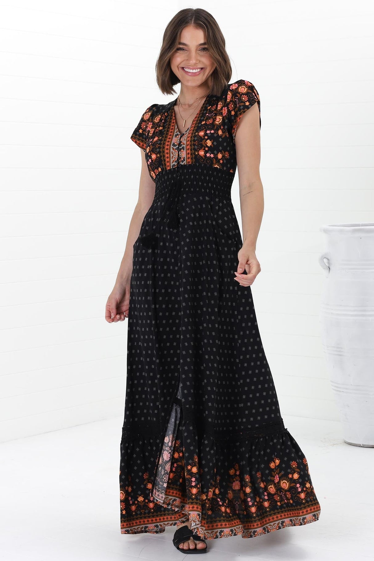 JAASE - Romi Maxi Dress: Button Down Cap Sleeve Dress with Waist Tie in Emmery Print