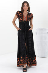 JAASE - Romi Maxi Dress: Button Down Cap Sleeve Dress with Waist Tie in Emmery Print