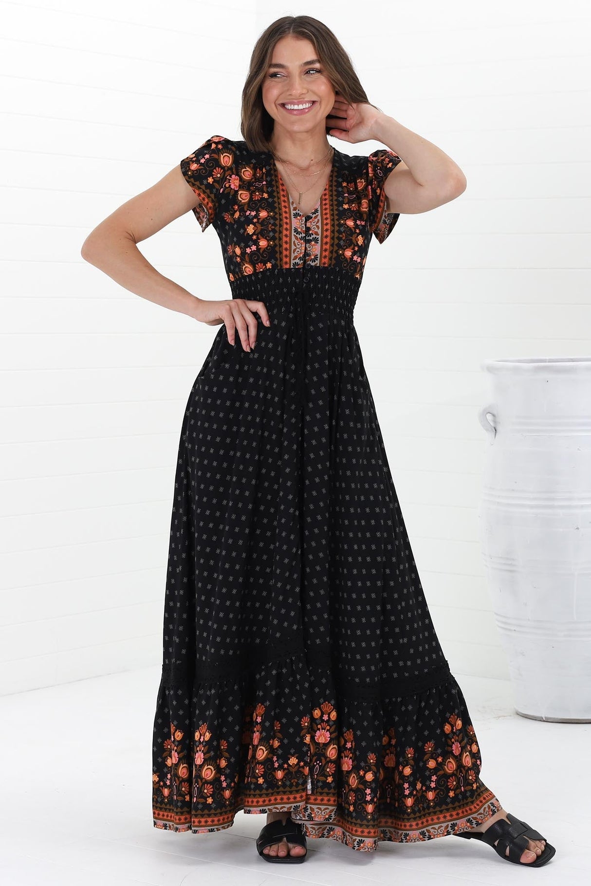 JAASE - Romi Maxi Dress: Button Down Cap Sleeve Dress with Waist Tie in Emmery Print