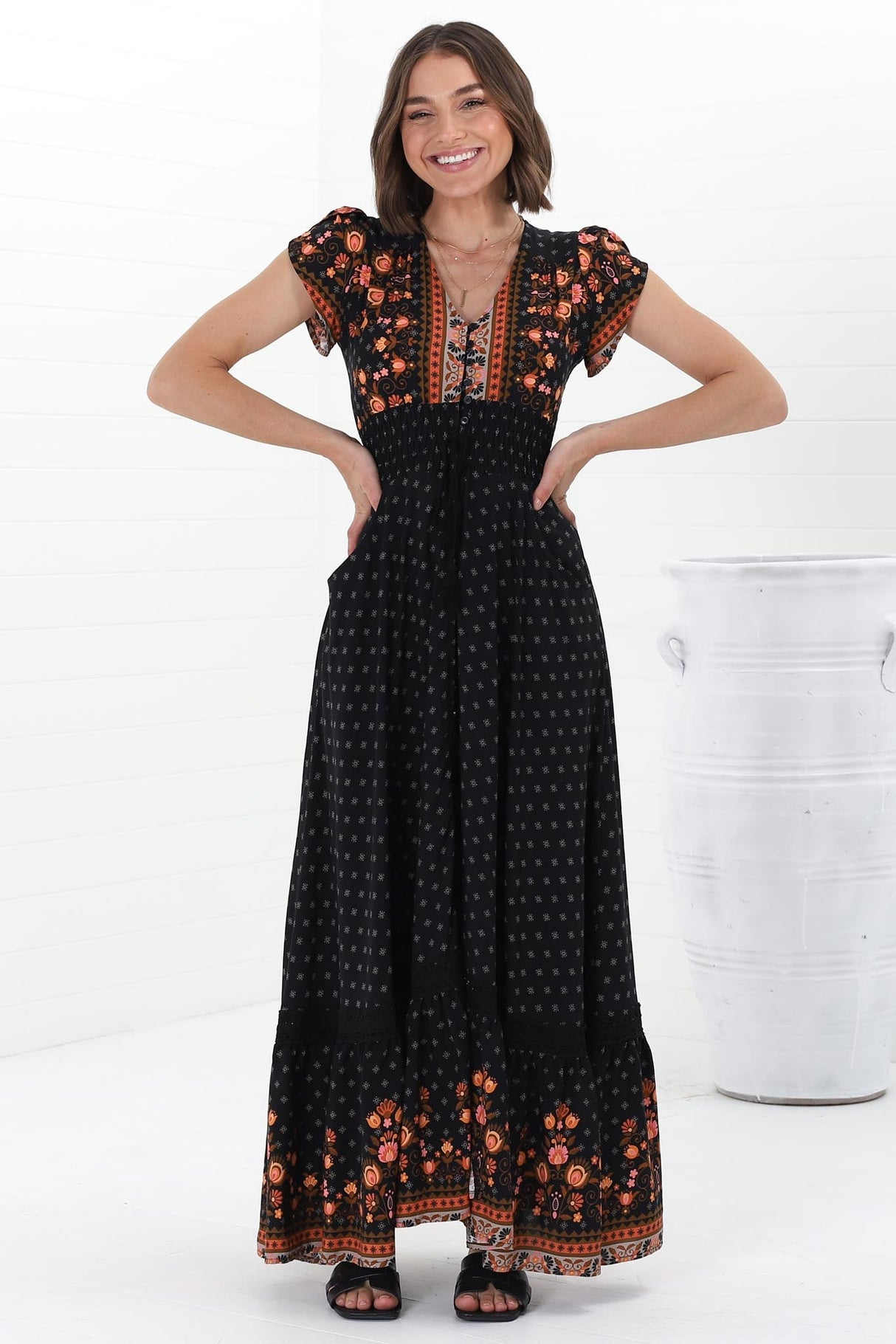 JAASE - Romi Maxi Dress: Button Down Cap Sleeve Dress with Waist Tie in Emmery Print