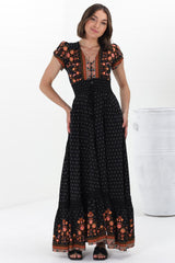 JAASE - Romi Maxi Dress: Button Down Cap Sleeve Dress with Waist Tie in Emmery Print