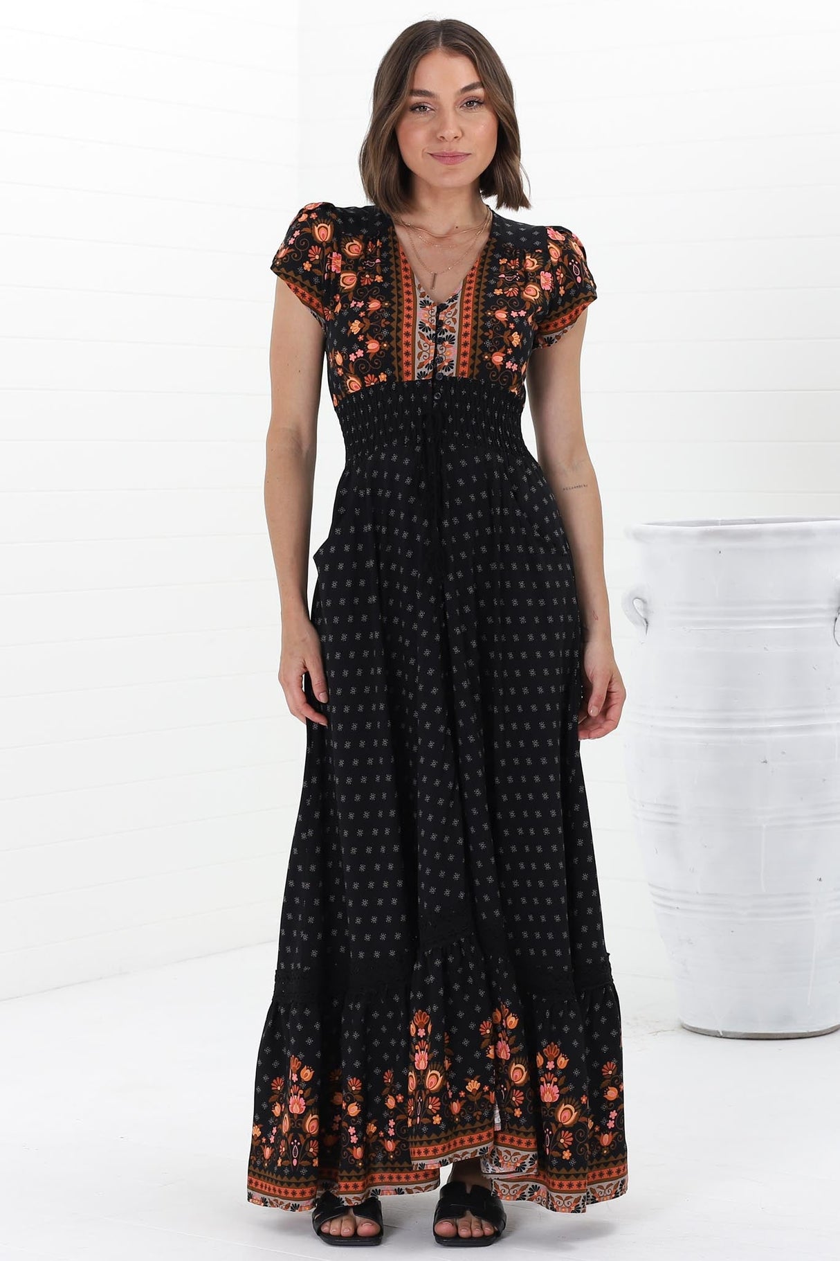 JAASE - Romi Maxi Dress: Button Down Cap Sleeve Dress with Waist Tie in Emmery Print