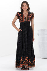 JAASE - Romi Maxi Dress: Button Down Cap Sleeve Dress with Waist Tie in Emmery Print